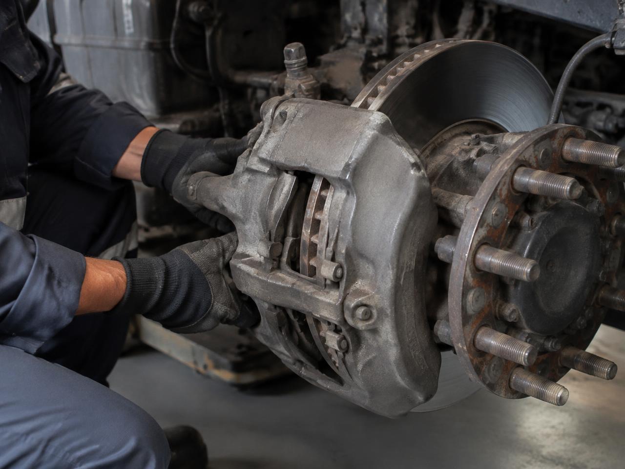 Technician inspecting trailer brakes and tires